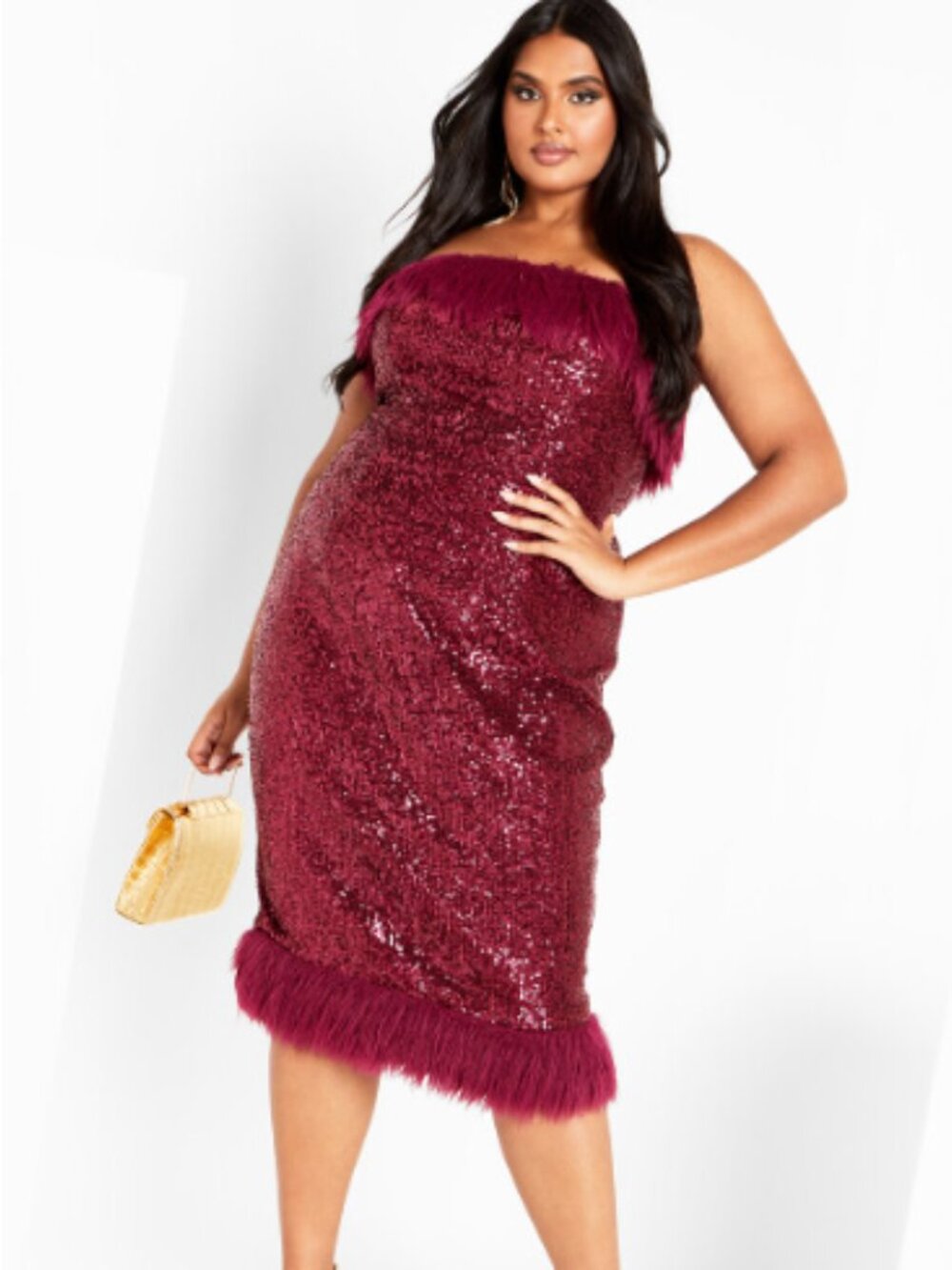 City Chic Ezra Dress - Strapless Sequin Column Dress with Faux Fur Trim